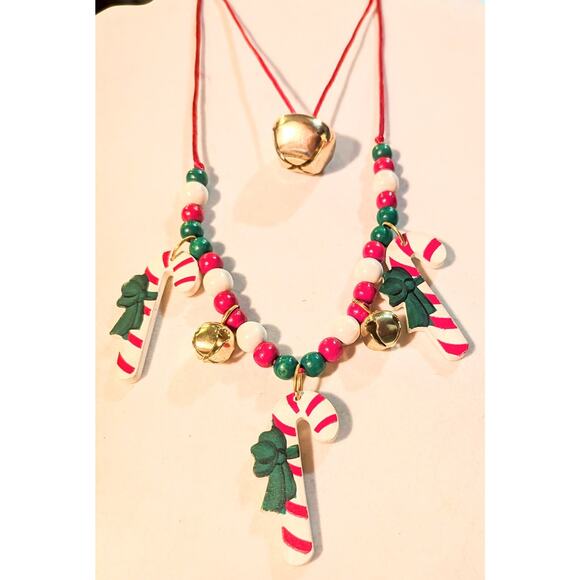 Christmas Necklaces Colorful Wooden Candy Canes Bells Beaded Holiday Festive - Picture 2 of 4